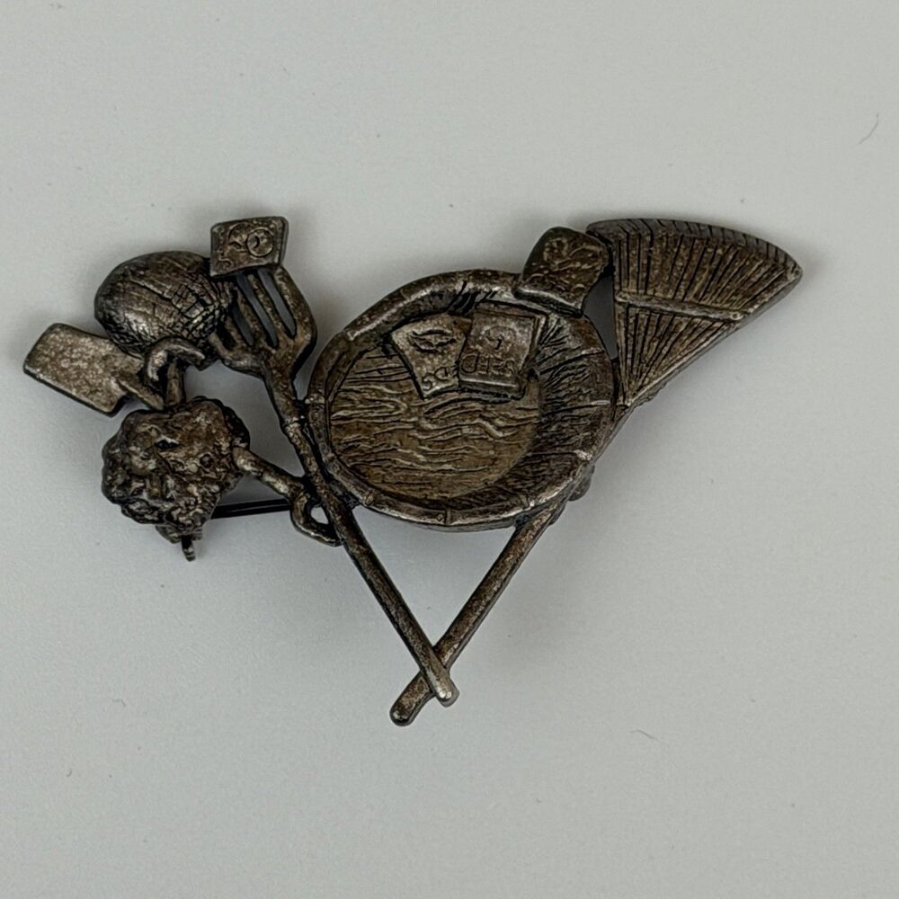 Signed Vtg Danecraft Silver Tone Metal Rake Fall Brooch Pin Garden Theme 2 in